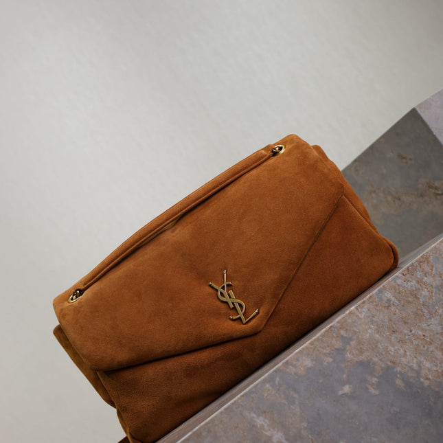 YSL 25S CALYPSO GM 38 IN DARK CARAMEL SUEDE GOLD HARDWARE