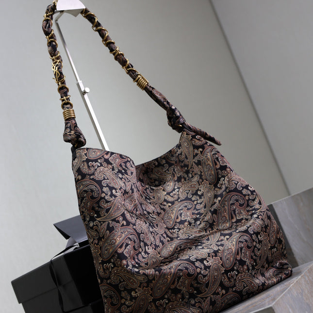 YSL 25S AMALIA 50 IN NAVY MULTICOLOR  SILK TWILL GOLD HARDWARE