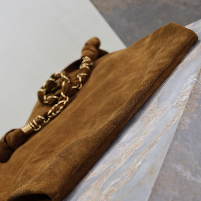 YSL 25S AMALIA 50 IN DARK CARAMEL SUEDE GOLD HARDWARE