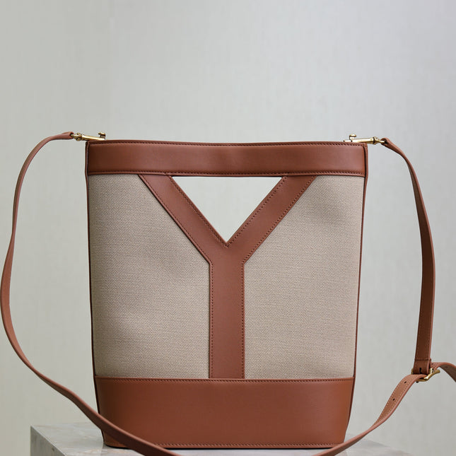 YSL 25S Y SMALL BUCKET 29 IN DESERT DUST AND BRICK CANVAS GOLD HARDWARE