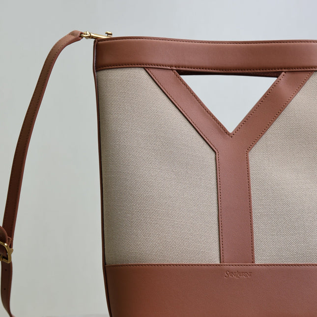 YSL 25S Y SMALL BUCKET 29 IN DESERT DUST AND BRICK CANVAS GOLD HARDWARE