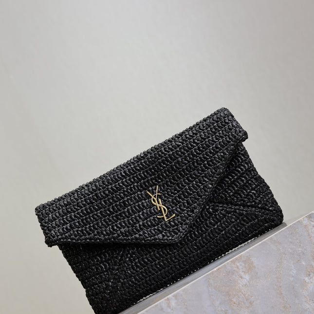 YSL 25S CASSANDRE LARGE ENVELOPE POUCH 29 IN BLACK RAFFIA GOLD HARDWARE