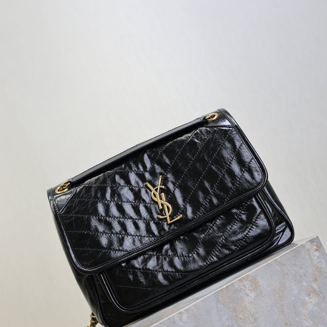 YSL 25S NIKI GM BAG 32 IN BLACK GLOSSY CALFSKIN GOLD HARDWARE