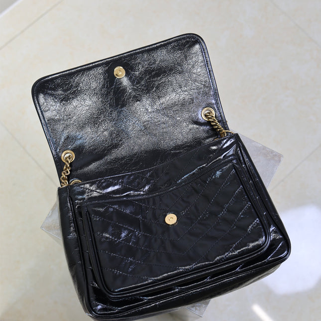 YSL 25S NIKI GM BAG 32 IN BLACK GLOSSY CALFSKIN GOLD HARDWARE