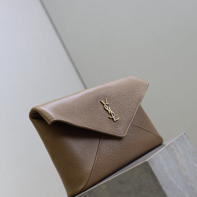 YSL 25S CASSANDRE LARGE ENVELOPE POUCH 29 IN DARK TAUPE CALFSKIN GOLD HARDWARE
