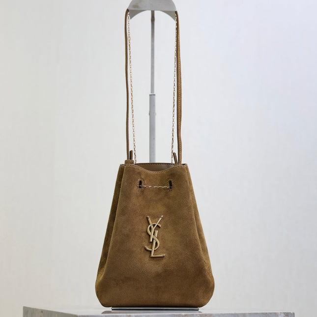 YSL 25S POCHON BAG 24 IN CARAMEL COGNAC SUEDE GOLD HARDWARE