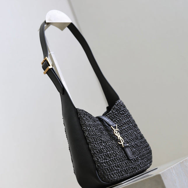 YSL 25S LE 5 À 7 SUPPLE SMALL 16 IN BLACK RAFFIA AND LEATHER GOLD HARDWARE