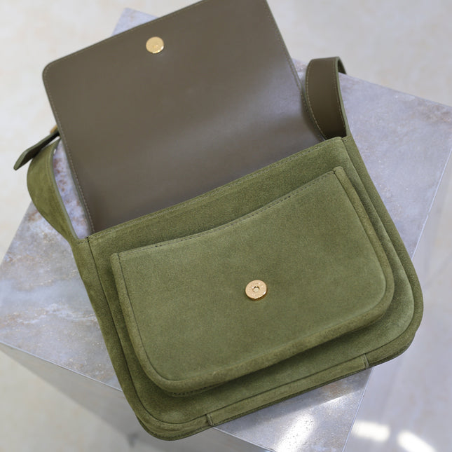 YSL 25S NIKI SATCHEL 22 IN BARLEY GREEN SUEDE GOLD HARDWARE