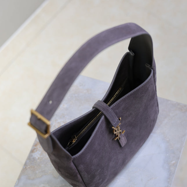 YSL 25S LE 5 À 7 SUPPLE SMALL 23 IN DARK GRAY SUEDE GOLD HARDWARE