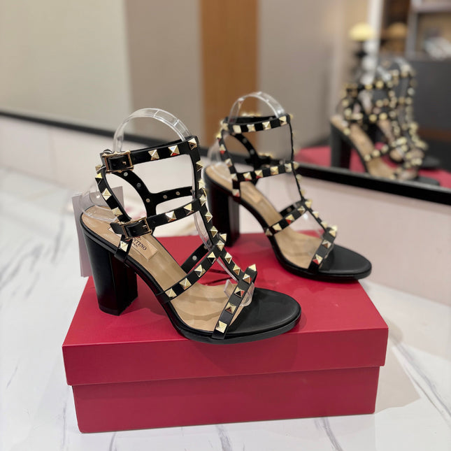 VALENTINO 26S STUDDED HIGH HEEL SANDALS 90 MM IN BLACK CALFSKIN