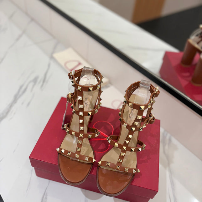 VALENTINO 26S STUDDED HIGH HEEL SANDALS 90 MM IN BROWN CALFSKIN