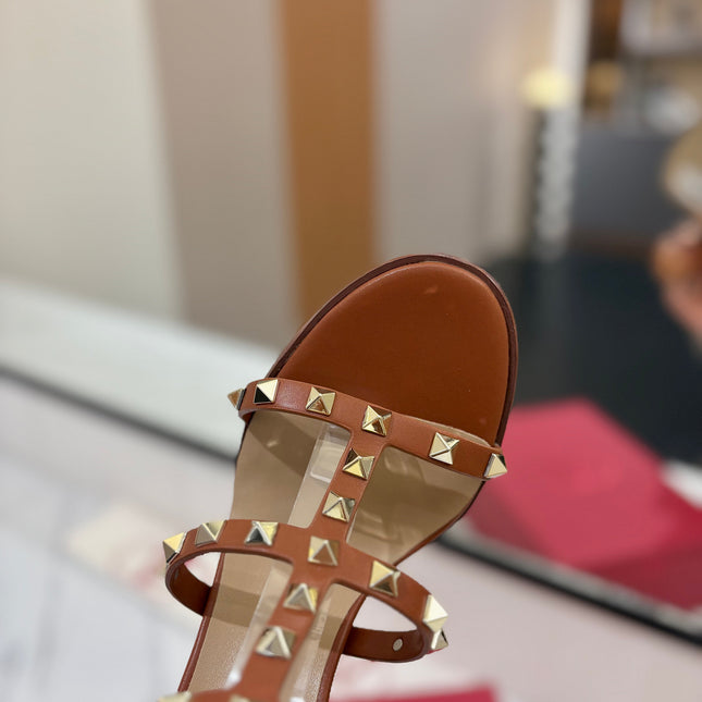 VALENTINO 26S STUDDED HIGH HEEL SANDALS 90 MM IN BROWN CALFSKIN