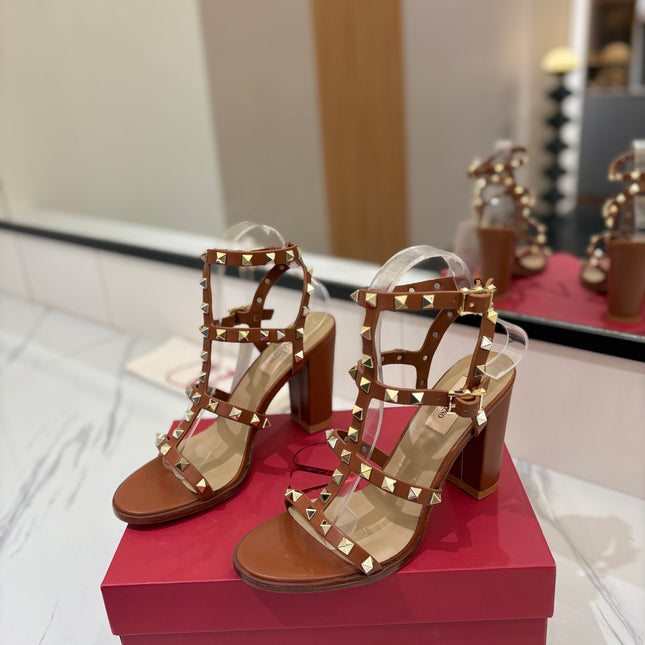 VALENTINO 26S STUDDED HIGH HEEL SANDALS 90 MM IN BROWN CALFSKIN