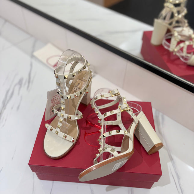 VALENTINO 26S STUDDED HIGH HEEL SANDALS 90 MM IN CREAM WHITE CALFSKIN