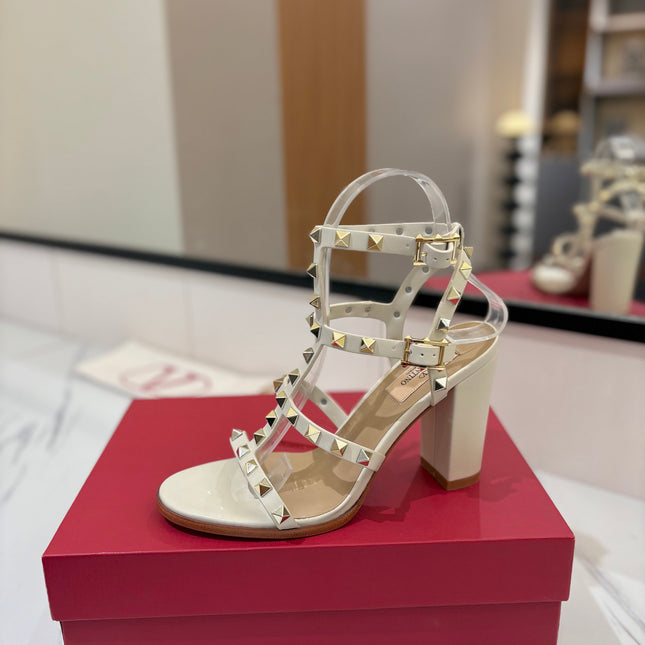 VALENTINO 26S STUDDED HIGH HEEL SANDALS 90 MM IN CREAM WHITE CALFSKIN