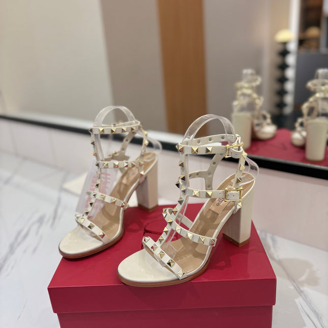 VALENTINO 26S STUDDED HIGH HEEL SANDALS 90 MM IN CREAM WHITE CALFSKIN
