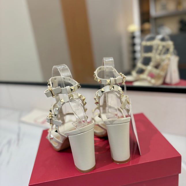 VALENTINO 26S STUDDED HIGH HEEL SANDALS 90 MM IN CREAM WHITE CALFSKIN