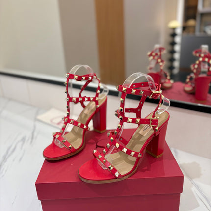 VALENTINO 26S STUDDED HIGH HEEL SANDALS 90 MM IN RED CALFSKIN