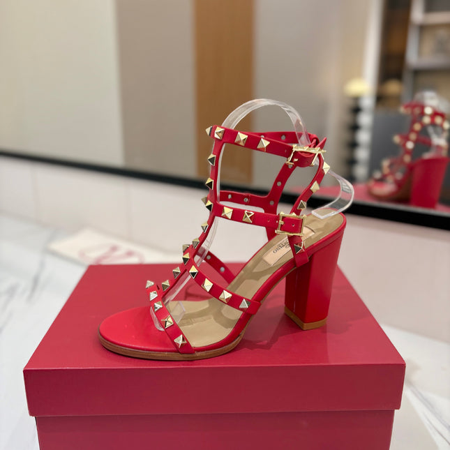 VALENTINO 26S STUDDED HIGH HEEL SANDALS 90 MM IN RED CALFSKIN