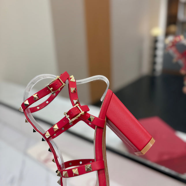 VALENTINO 26S STUDDED HIGH HEEL SANDALS 90 MM IN RED CALFSKIN