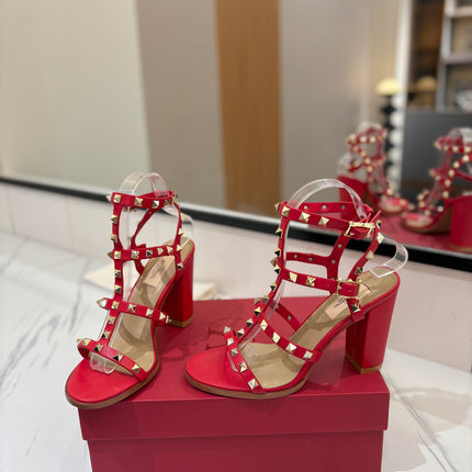 VALENTINO 26S STUDDED HIGH HEEL SANDALS 90 MM IN RED CALFSKIN