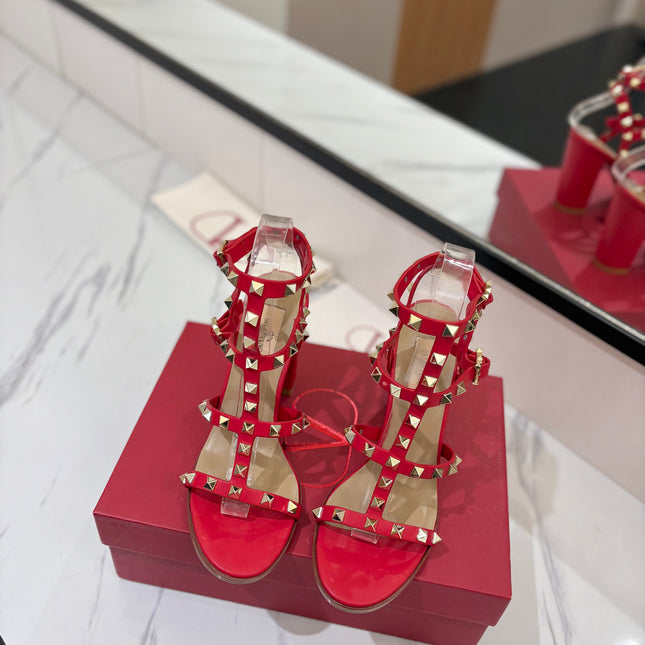 VALENTINO 26S STUDDED HIGH HEEL SANDALS 90 MM IN RED CALFSKIN