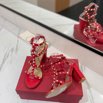 VALENTINO 26S STUDDED HIGH HEEL SANDALS 90 MM IN RED CALFSKIN