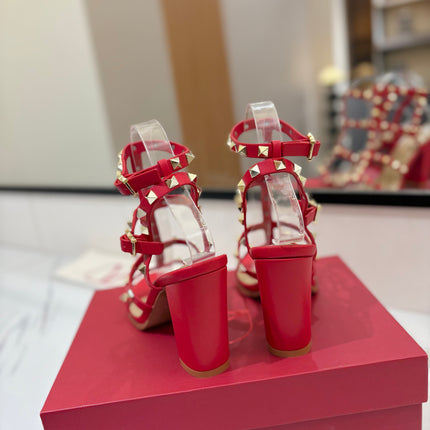 VALENTINO 26S STUDDED HIGH HEEL SANDALS 90 MM IN RED CALFSKIN