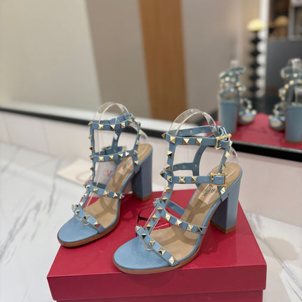 VALENTINO 26S STUDDED HIGH HEEL SANDALS 90 MM IN SKY BLUE CALFSKIN