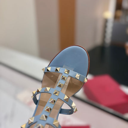 VALENTINO 26S STUDDED HIGH HEEL SANDALS 90 MM IN SKY BLUE CALFSKIN