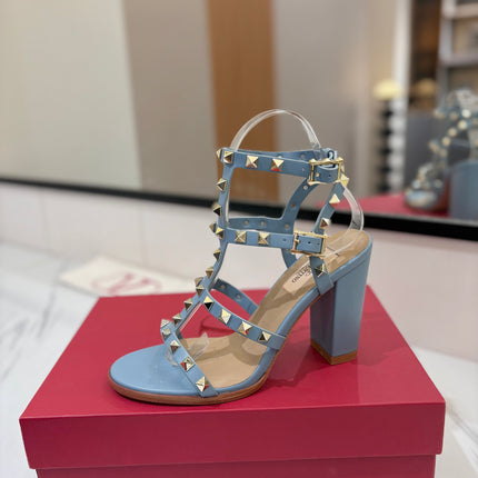 VALENTINO 26S STUDDED HIGH HEEL SANDALS 90 MM IN SKY BLUE CALFSKIN