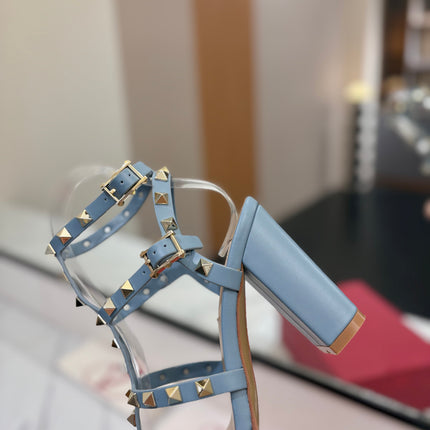 VALENTINO 26S STUDDED HIGH HEEL SANDALS 90 MM IN SKY BLUE CALFSKIN