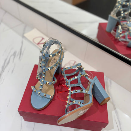 VALENTINO 26S STUDDED HIGH HEEL SANDALS 90 MM IN SKY BLUE CALFSKIN