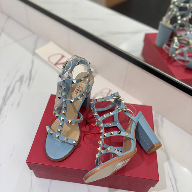 VALENTINO 26S STUDDED HIGH HEEL SANDALS 90 MM IN SKY BLUE CALFSKIN