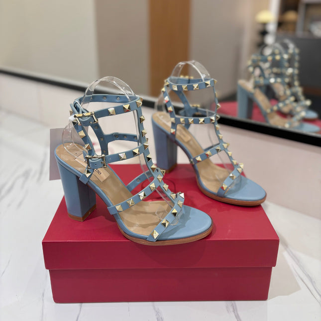 VALENTINO 26S STUDDED HIGH HEEL SANDALS 90 MM IN SKY BLUE CALFSKIN