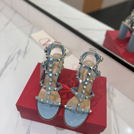 VALENTINO 26S STUDDED HIGH HEEL SANDALS 90 MM IN SKY BLUE CALFSKIN