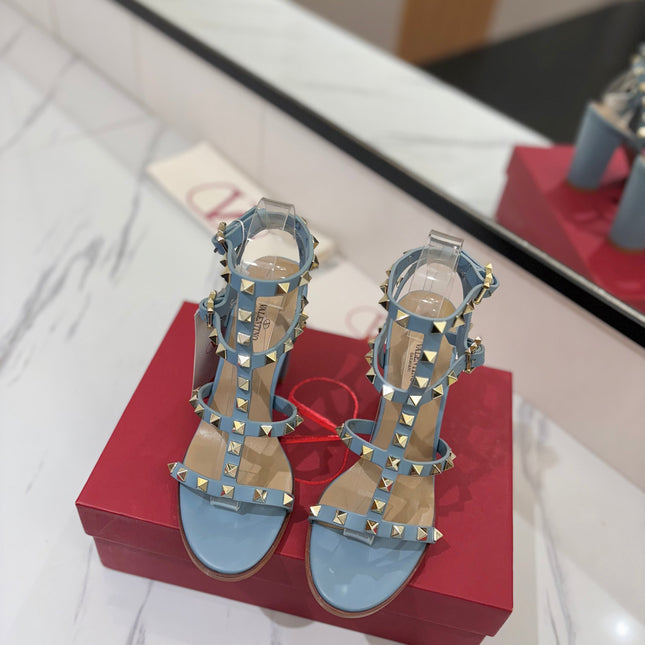 VALENTINO 26S STUDDED HIGH HEEL SANDALS 90 MM IN SKY BLUE CALFSKIN