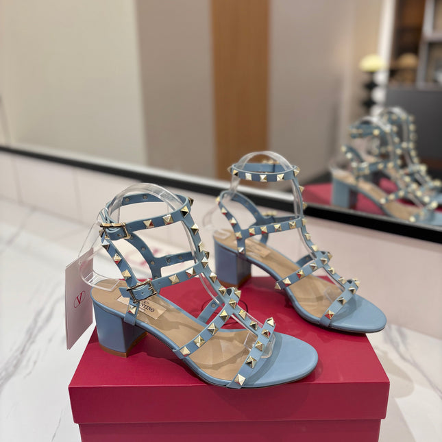 VALENTINO 26S STUDDED HIGH HEEL SANDALS 65 MM IN SKY BLUE CALFSKIN