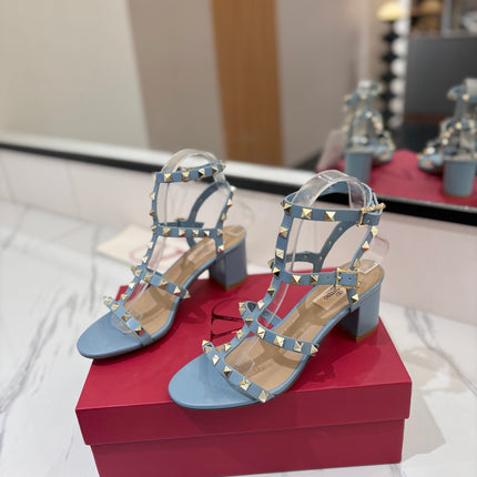 VALENTINO 26S STUDDED HIGH HEEL SANDALS 65 MM IN SKY BLUE CALFSKIN