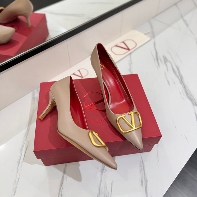 VALENTINO 26S HIGH HEELS 75 MM IN BEIGE SMOOTH CALFSKIN WITH GOLD HARDWARE