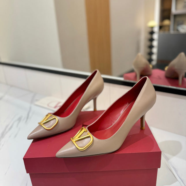 VALENTINO 26S HIGH HEELS 75 MM IN BEIGE SMOOTH CALFSKIN WITH GOLD HARDWARE