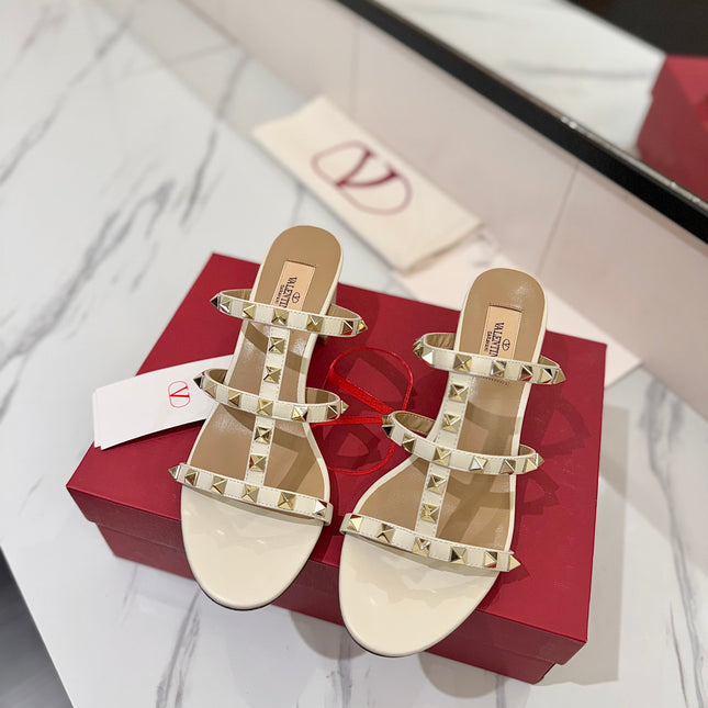 VALENTINO 26S HEELED SANDALS 60 MM IN CREAM WHITE CALFSKIN WITH GOLD STUDS