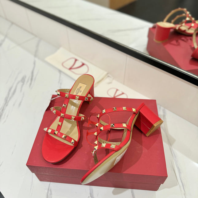 VALENTINO 26S HEELED SANDALS 60 MM IN RED CALFSKIN WITH GOLD STUDS
