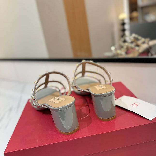 VALENTINO 26S HEELED SANDALS 60 MM IN LIGHT GREY CALFSKIN WITH GOLD STUDS