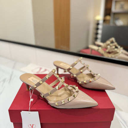 VALENTINO 26S STUDDED HEELED MULES 50 MM IN NUDE PATENT CALFSKIN