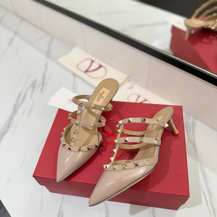 VALENTINO 26S STUDDED HEELED MULES 50 MM IN NUDE PATENT CALFSKIN