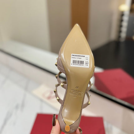 VALENTINO 26S STUDDED HEELED MULES 50 MM IN NUDE PATENT CALFSKIN