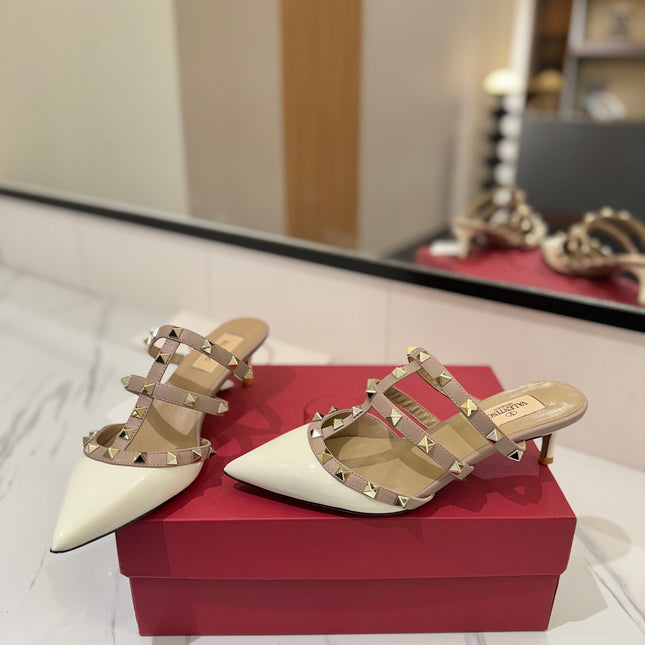 VALENTINO 26S STUDDED HEELED MULES 50 MM IN WHITE PATENT CALFSKIN