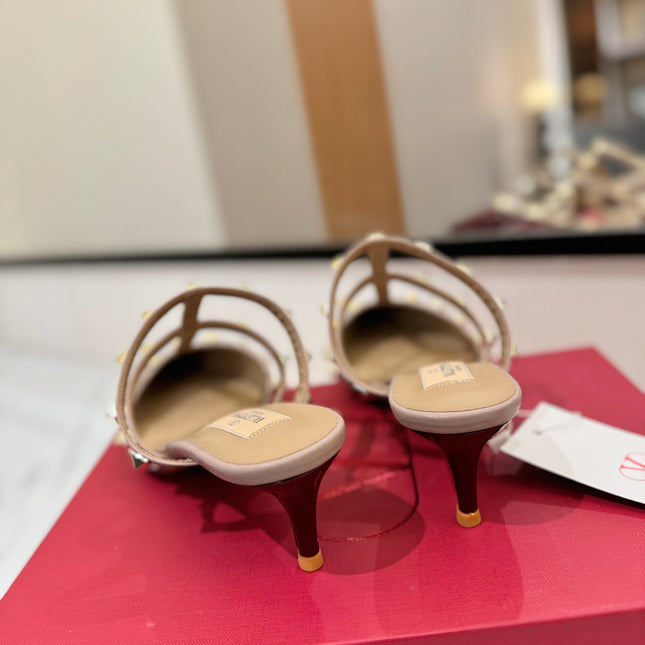 VALENTINO 26S STUDDED HEELED MULES 50 MM IN DARK RED PATENT CALFSKIN