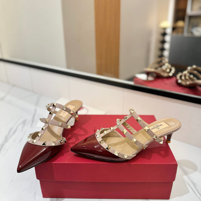 VALENTINO 26S STUDDED HEELED MULES 50 MM IN DARK RED PATENT CALFSKIN